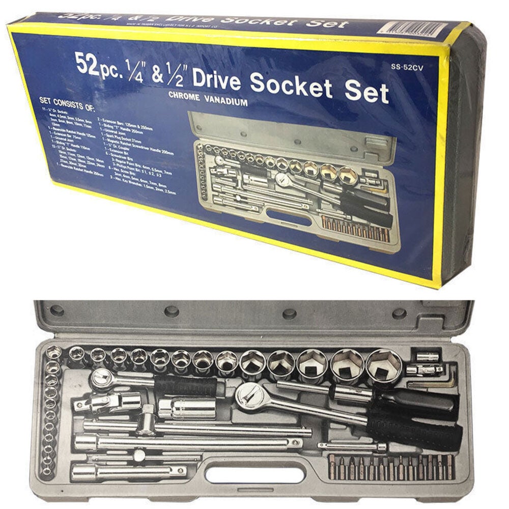 52pc 1/4 1/2 Drive Socket Tool Set/Ratchet Screwdriver Handle Bits Spark Plug