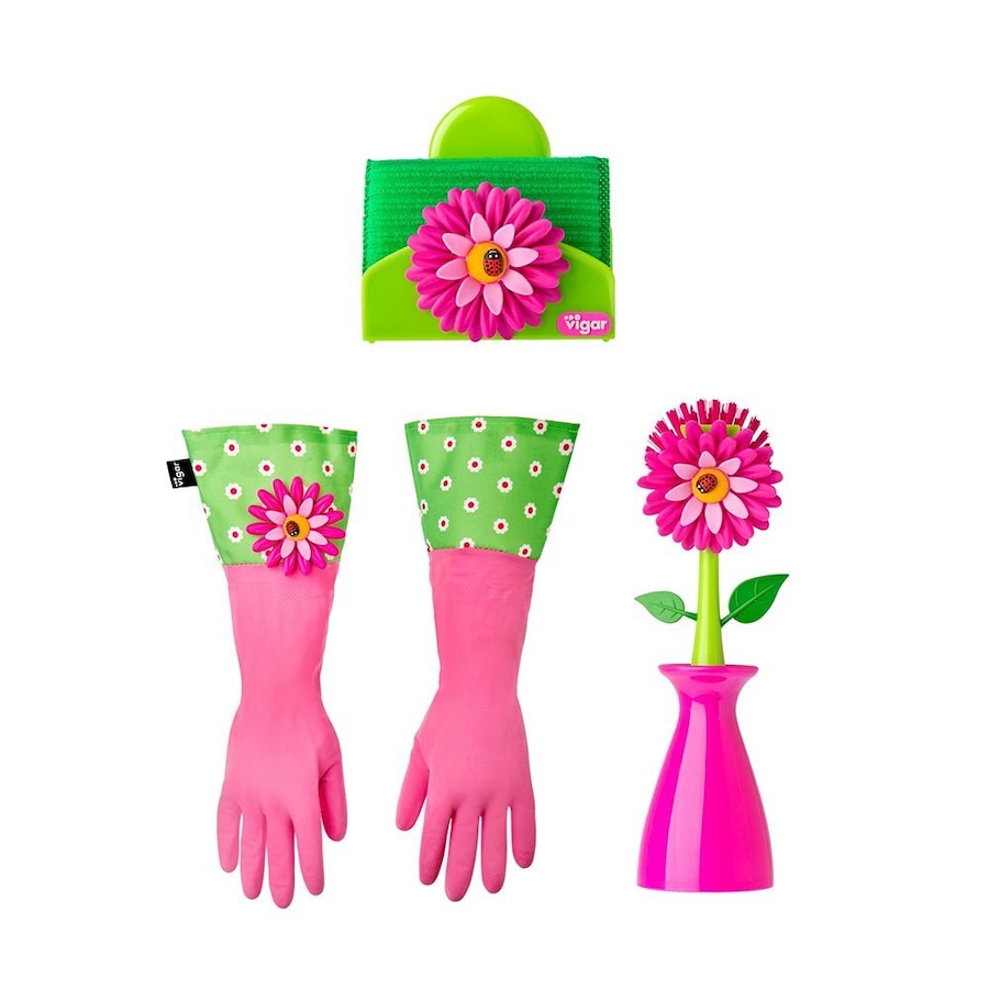 5pc Vigar Flower Power Gloves/Brush w/ Vase Sponge/Holder Cleaning Set Pink/GRN