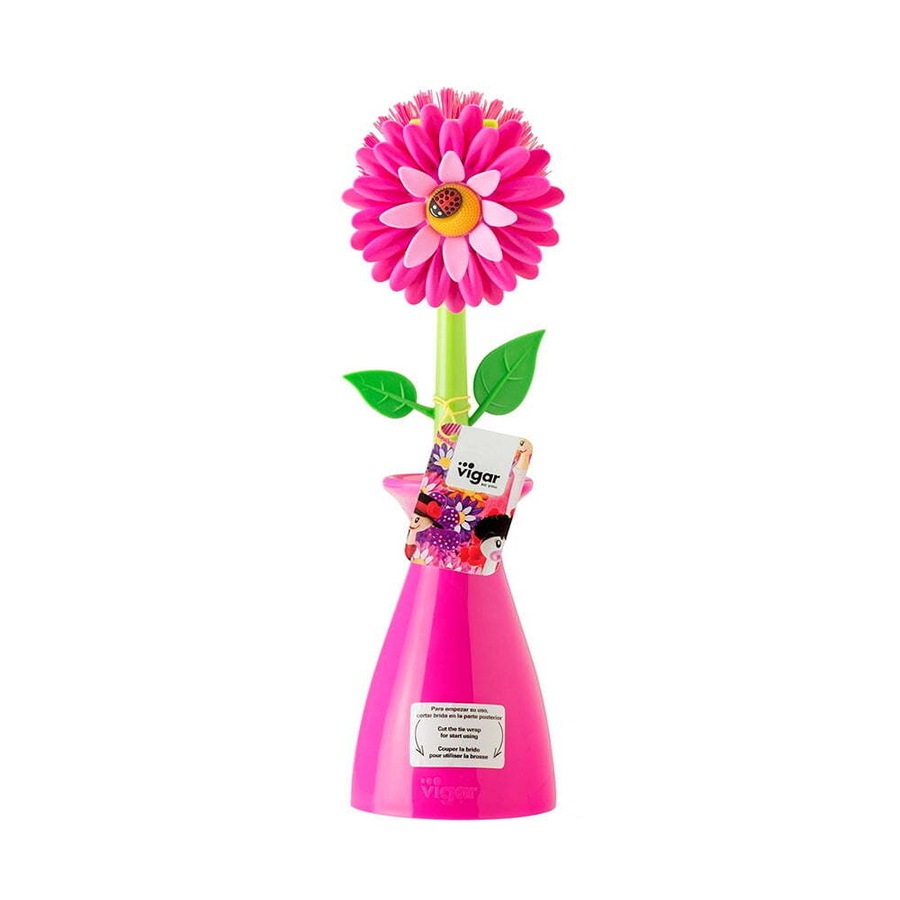 5pc Vigar Flower Power Gloves/Brush w/ Vase Sponge/Holder Cleaning Set Pink/GRN