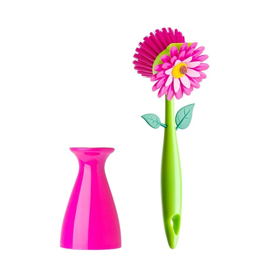 5pc Vigar Flower Power Gloves/Brush w/ Vase Sponge/Holder Cleaning Set Pink/GRN