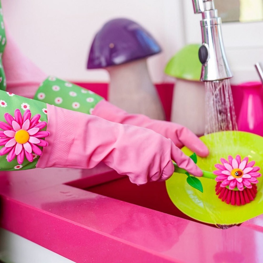 5pc Vigar Flower Power Gloves/Brush w/ Vase Sponge/Holder Cleaning Set Pink/GRN
