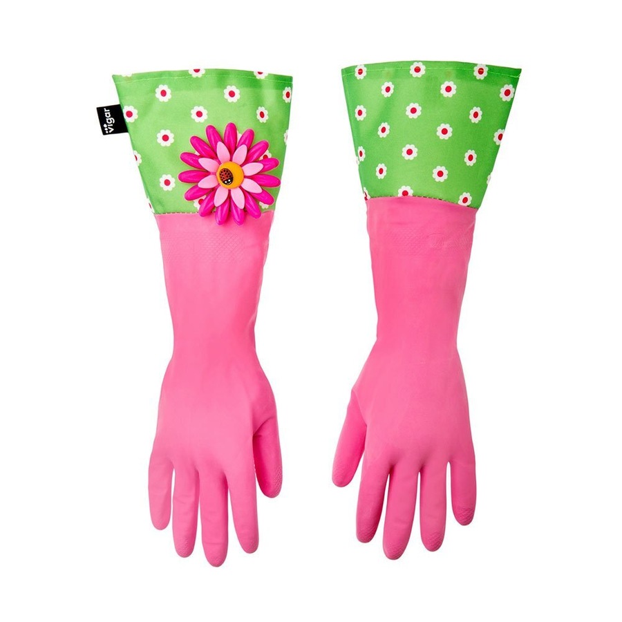 5pc Vigar Flower Power Gloves/Brush w/ Vase Sponge/Holder Cleaning Set Pink/GRN