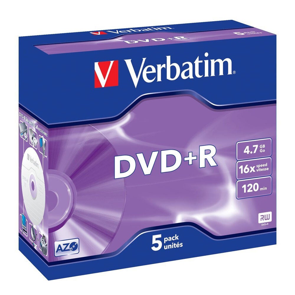 5PK Verbatim DVD+R 4.7GB 16x Speed/120min Blank Discs Data/Media Storage w/ Case