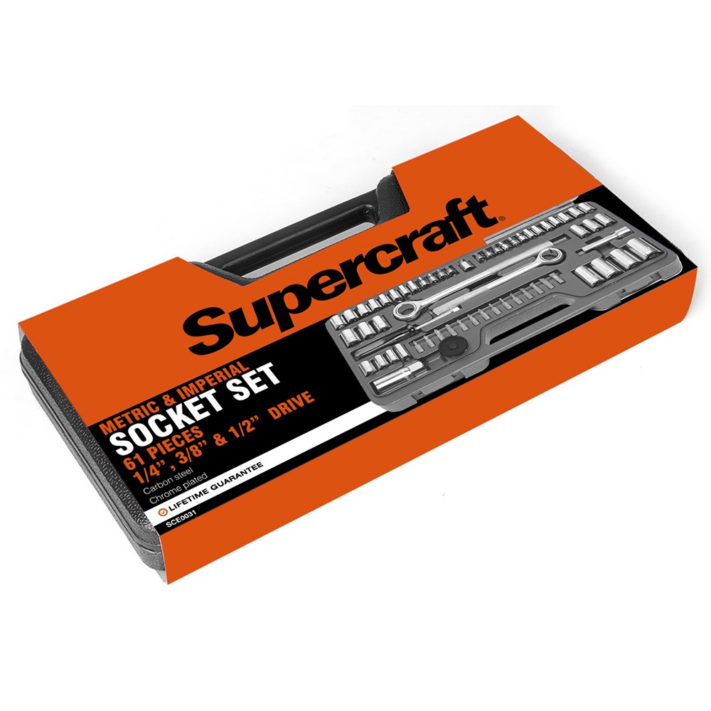 61pc Supercraft 1/4″ 3/8″ & 1/2″ Drive Metric And Imperial Socket Set With