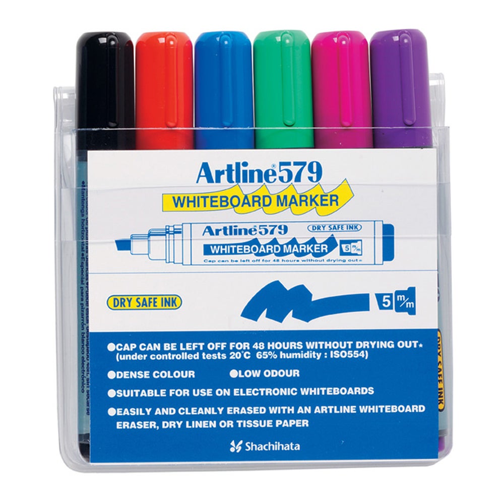 6pc Artline 579 5mm Chisel Nib Office Whiteboard Marker Assorted Colours Wallet