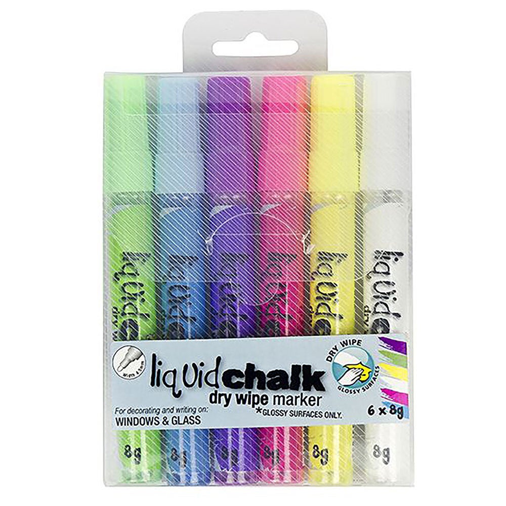 6pc Texta Liquid Chalk Dry-Wipe Window/Glass Marker Writing Assorted Colours