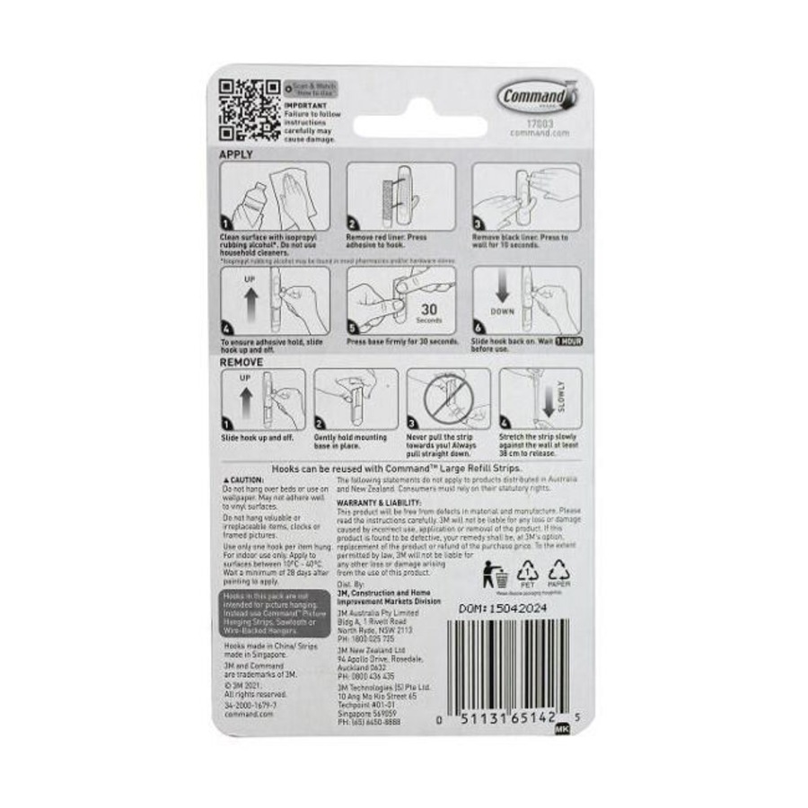 6PK 3M Command No Nail Large Hanging Utility Wall Hook Holds 2.2kg White