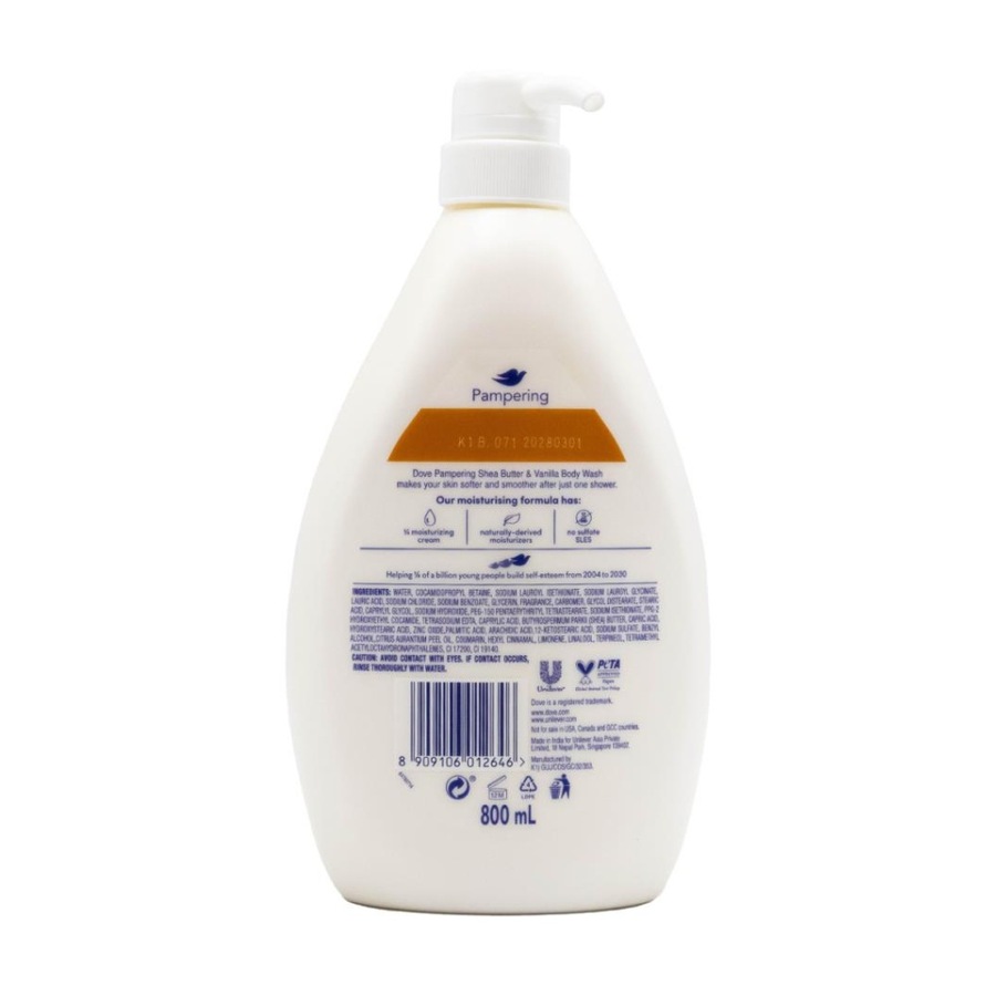 6PK Dove Pampering Body Wash W/ Shea Butter And Vanilla Scent 800ml