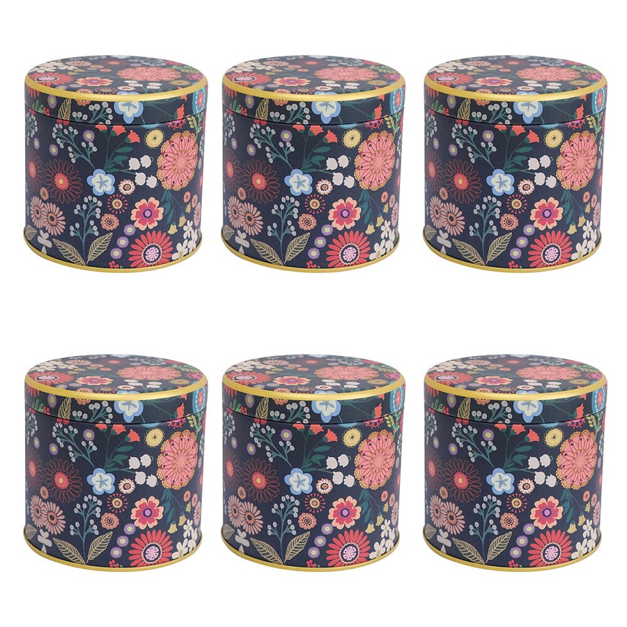6PK LVD Small Metal Floral Print Round Trinket Storage Tin 8cm Multicoloured