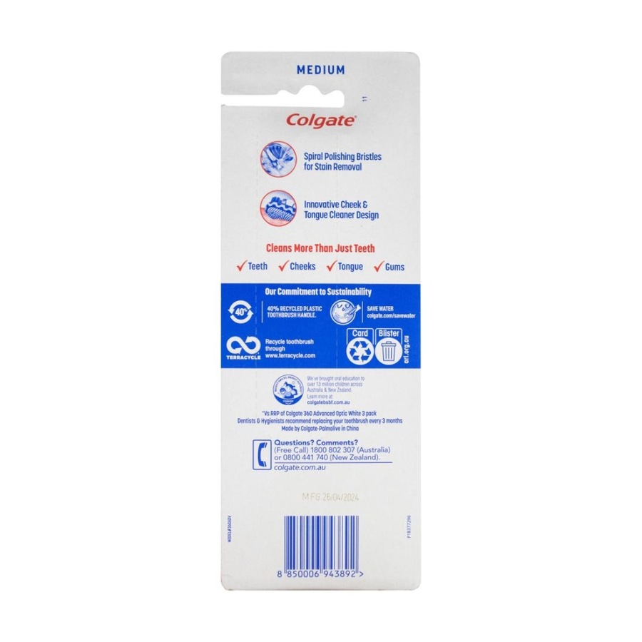 6x 4pc Colgate 360 Advanced Optic White Toothbrushes Assorted Medium