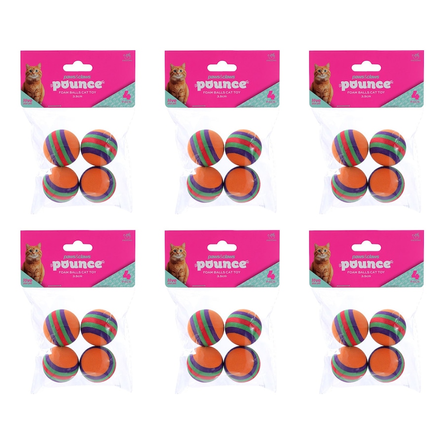 6x 4pc Paws And Claws Stripe Foam Balls Cat Batting/Pouncing Toy Set Assorted