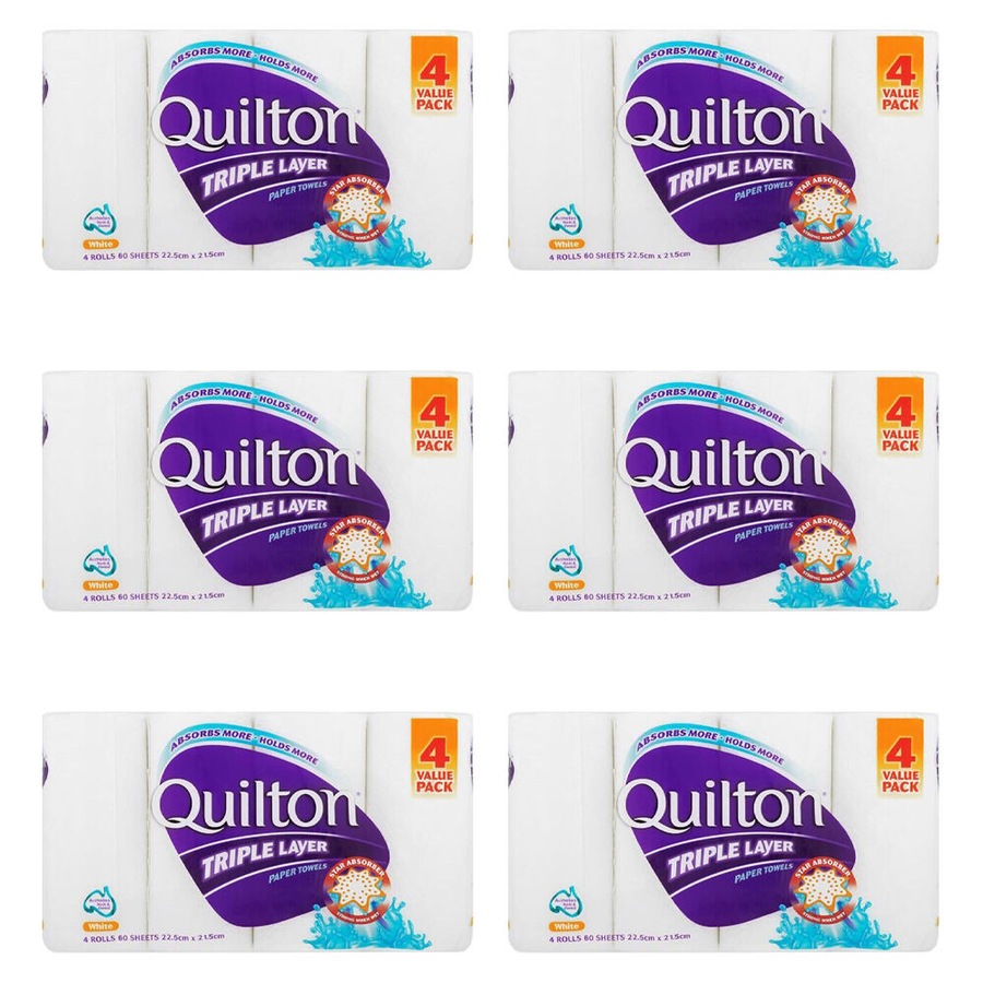 6x 4pc Quilton Triple Layer Paper Tissue Towel 60 Sheets 22.5x21.5cm White