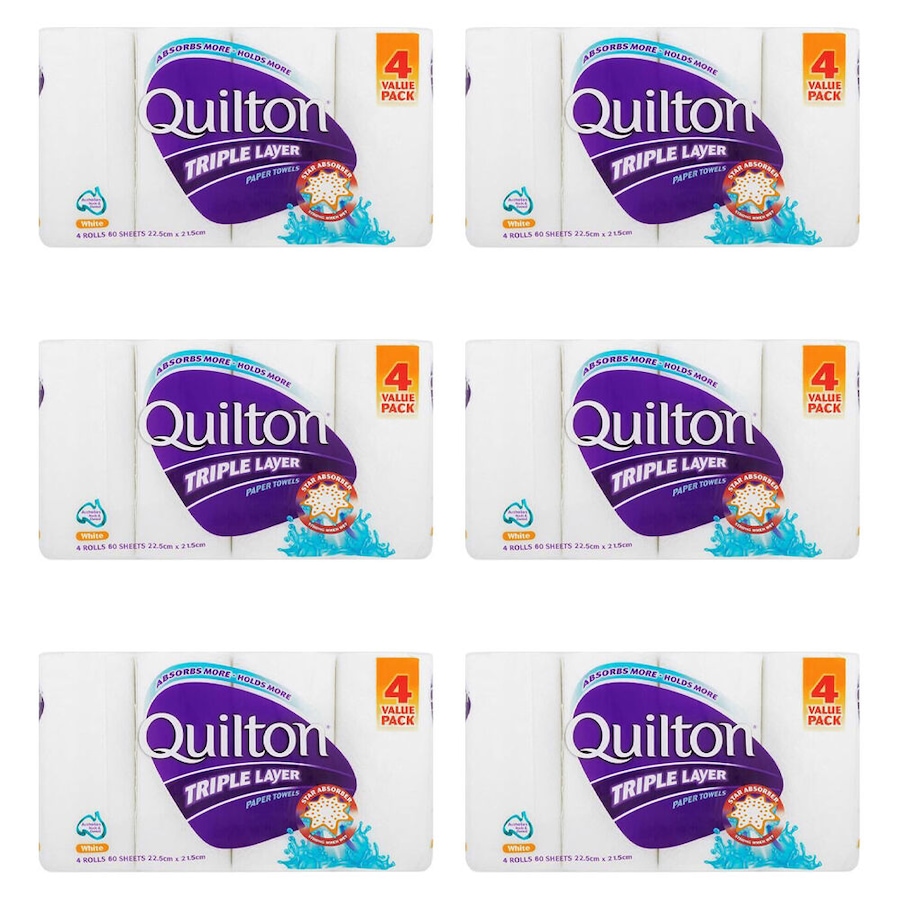 6x 4pc Quilton Triple Layer Paper Tissue Towel 60 Sheets 22.5x21.5cm White