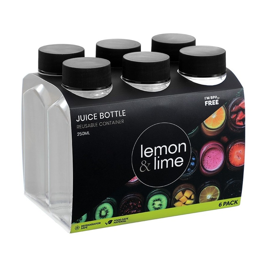 6x 6pc Lemon And Lime Reusable Clear Refrigerator Juice Drink Bottle Set 250ml