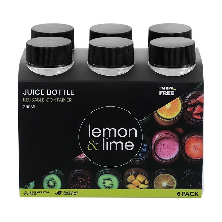 6x 6pc Lemon And Lime Reusable Clear Refrigerator Juice Drink Bottle Set 250ml