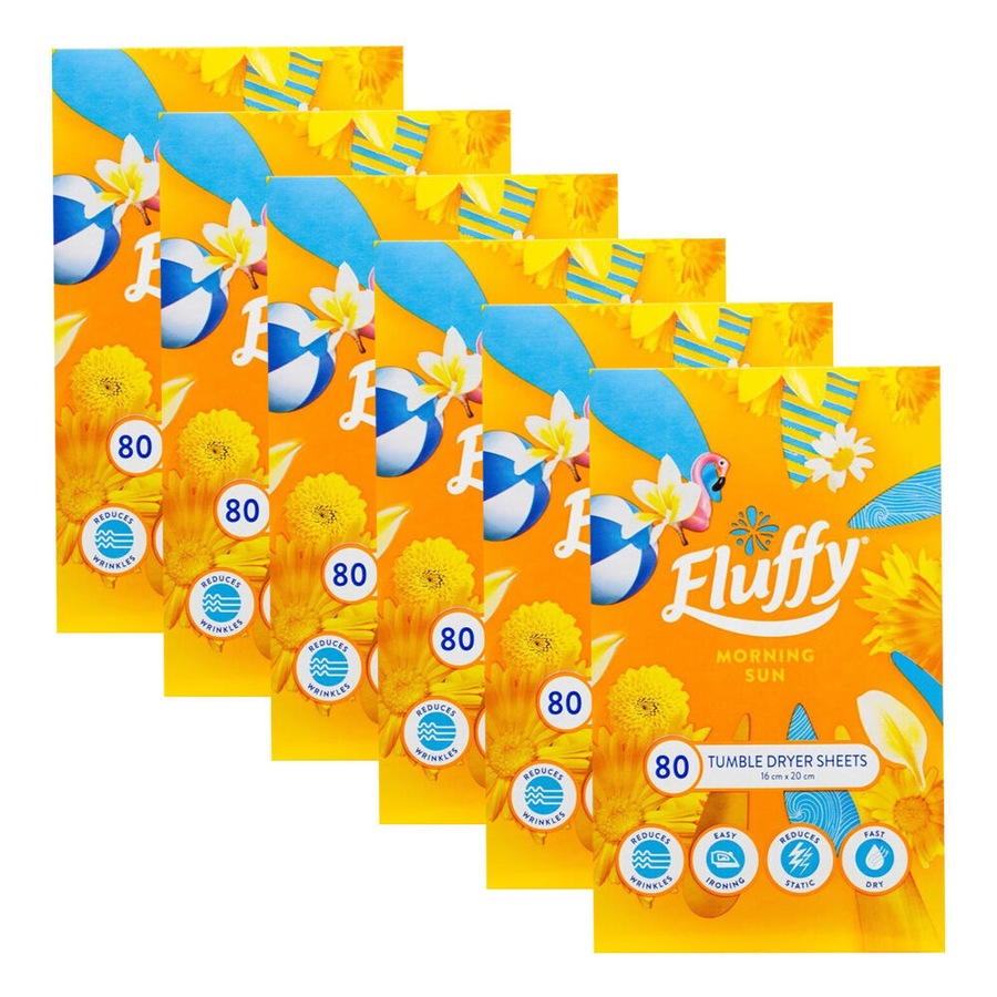 6x 80pc Fluffy Morning Sun Tumble Dryer Sheets Fabric Softener 16x20cm