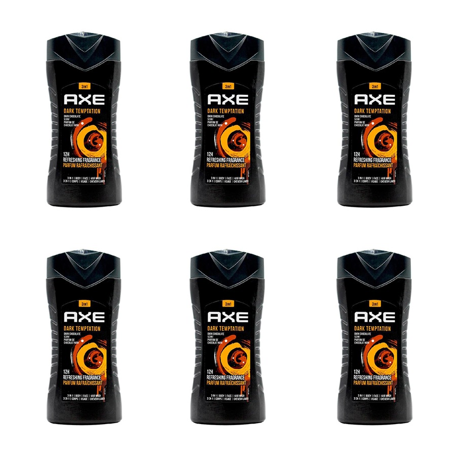 6x Axe Dark Temptation 3-in-1 Body Face Hair Wash 250ml For Men Dark Chocolate