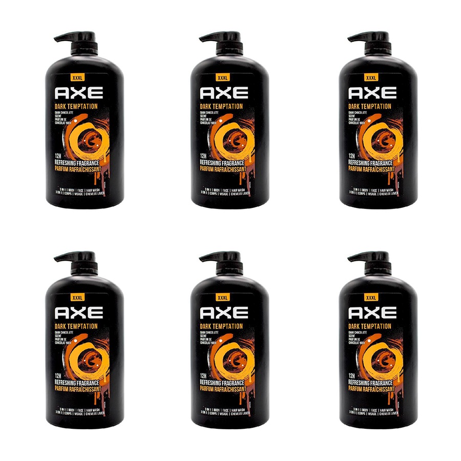6x Axe Dark Temptation 3in1 Body Face Hair Wash 1L For Men Dark Chocolate Scent