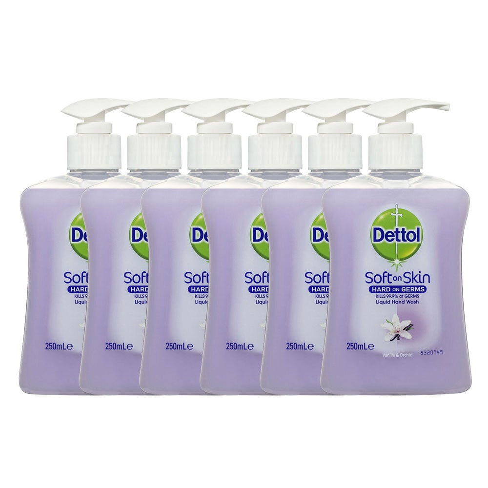 6x Dettol 250ml Liquid Soft on Skin Hand Wash Antibacterial Vanilla/Orchid Pump
