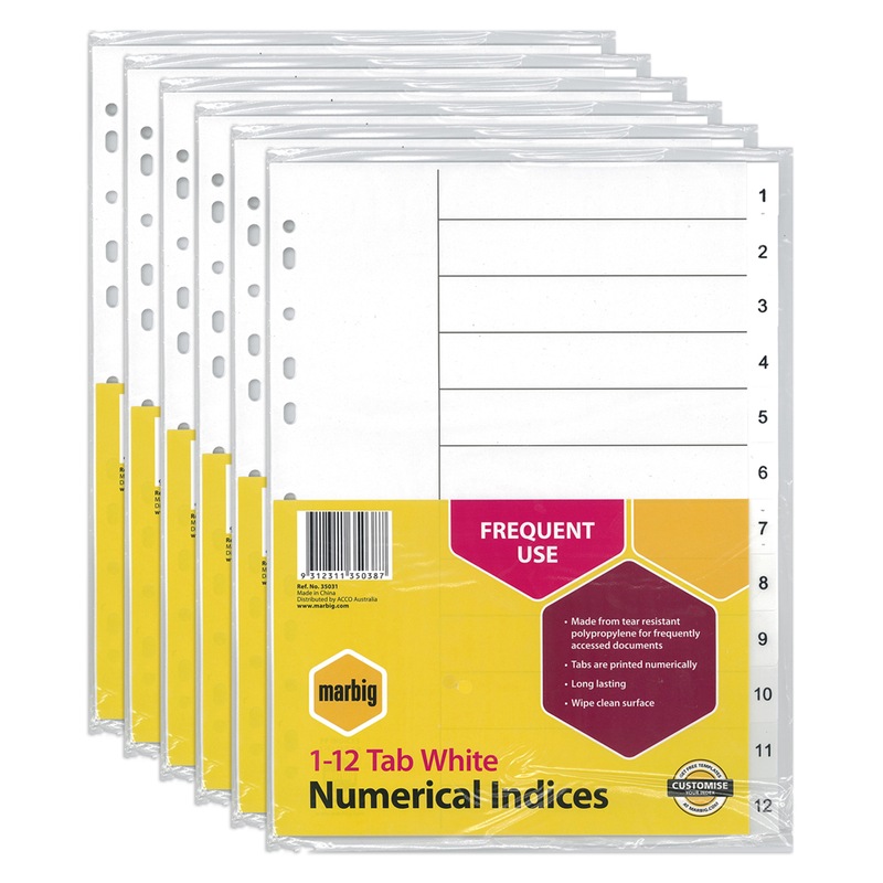 Buy 6x Marbig PP 1-12 Tab A4 Binder Indices/Dividers Numerical File ...