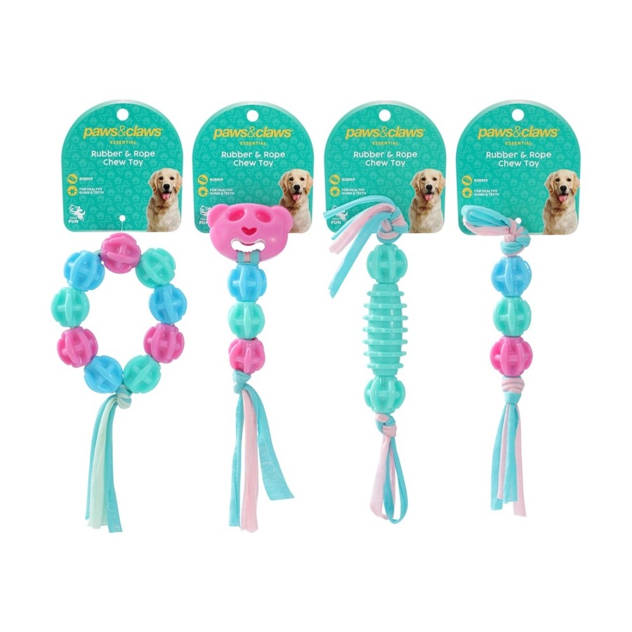 6x Paws And Claws Durable TPR & T-Shirt Rope Pet Puppy Dog Chew Toy Assorted
