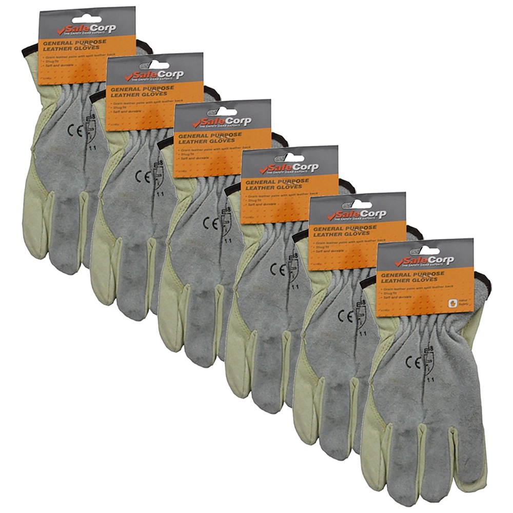 6x Safecorp PPE Safety Equipment General Purpose Gloves Pair Cotton Leather Palm