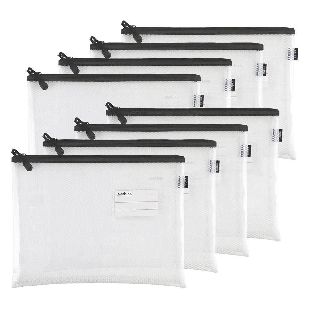 8PK Celco School Storage Zipper Pouch A4 Paper/Pencil/Documents Mesh Case Clear