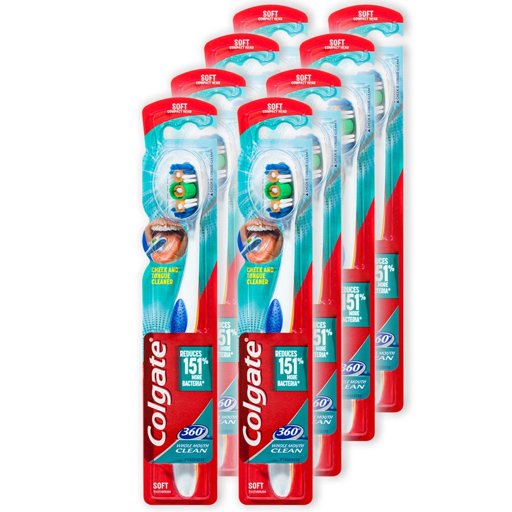 8PK Colgate 360° Clean Soft Bristles Toothbrush w/Cheek/Tongue Cleaner Assorted
