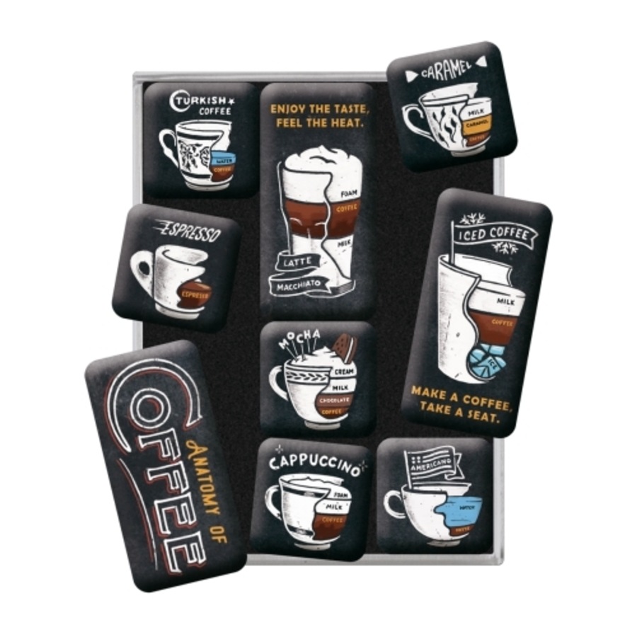 9pc Nostalgic Art Anatomy of Coffee 2.2cm/4.5cm Magnet Set Kitchen Fridge Decor