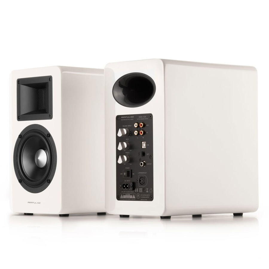Airpulse A100 Active Wireless Bookshelf Speakers and WiiM Mini Streamer White