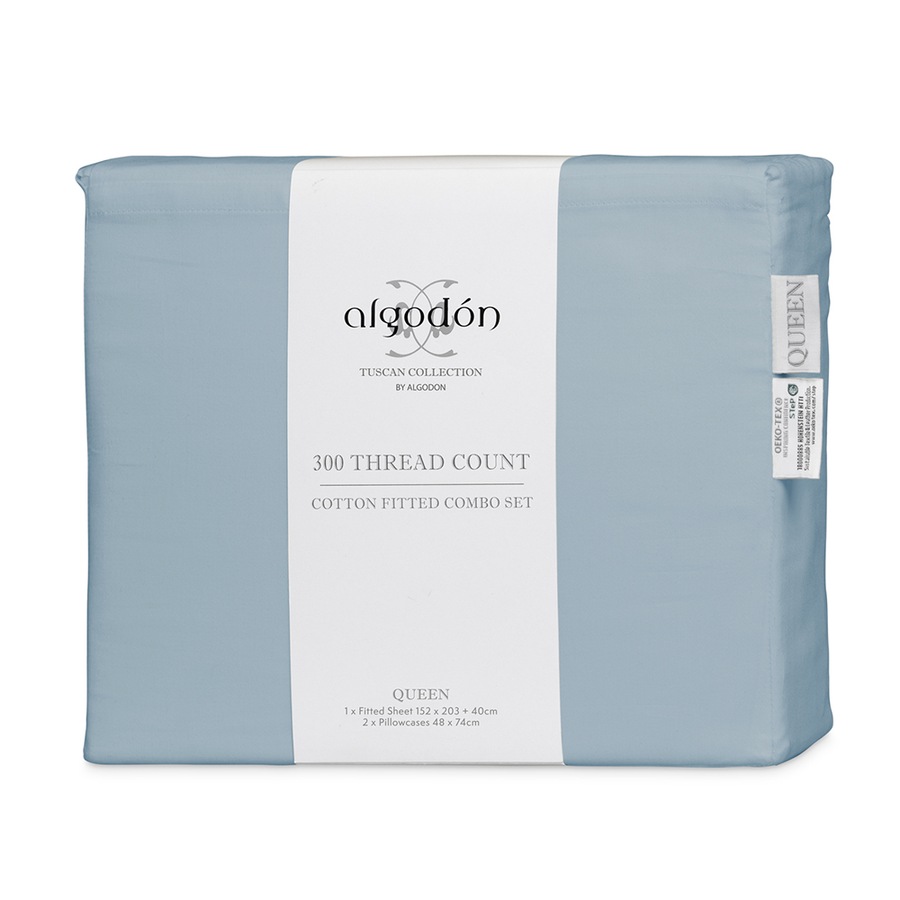 Algodon Queen Bed Combo Fitted Sheet Set w/Pillowcases 300TC Cotton Faded Denim