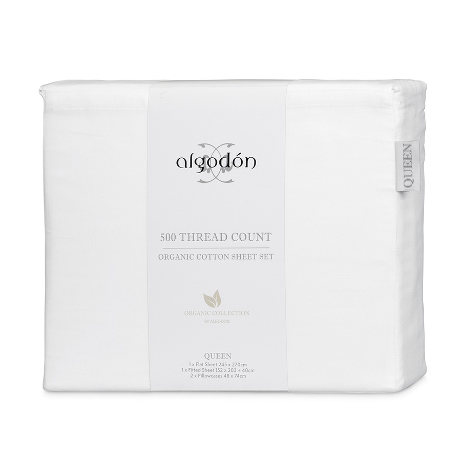 Algodon Queen Bed Fitted Sheet Set w/ Pillowcases 500TC Organic Cotton White