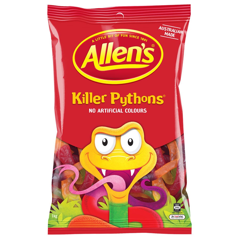 Allen's 1kg Killer Pythons/Snakes Fruit Flavoured Soft Chewy Sweets/Candy Snack