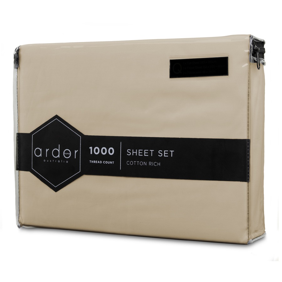 Ardor 1000TC Cotton Rich King Bed Sheet Set Home Bedding w/ Pillowcases Stone