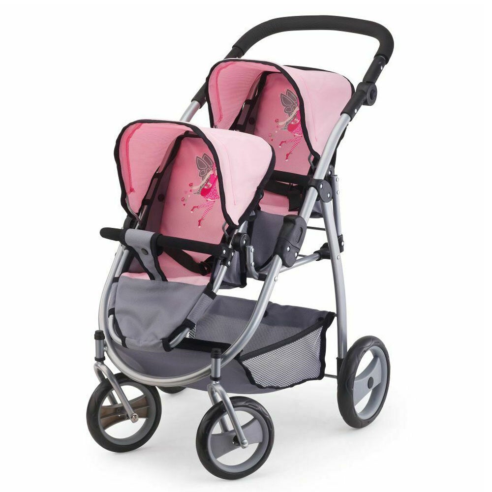 Bayer 73cm Twin Tandem Doll Pram/Stroller Pink & Grey 3y+ Kids/Toddler Toy