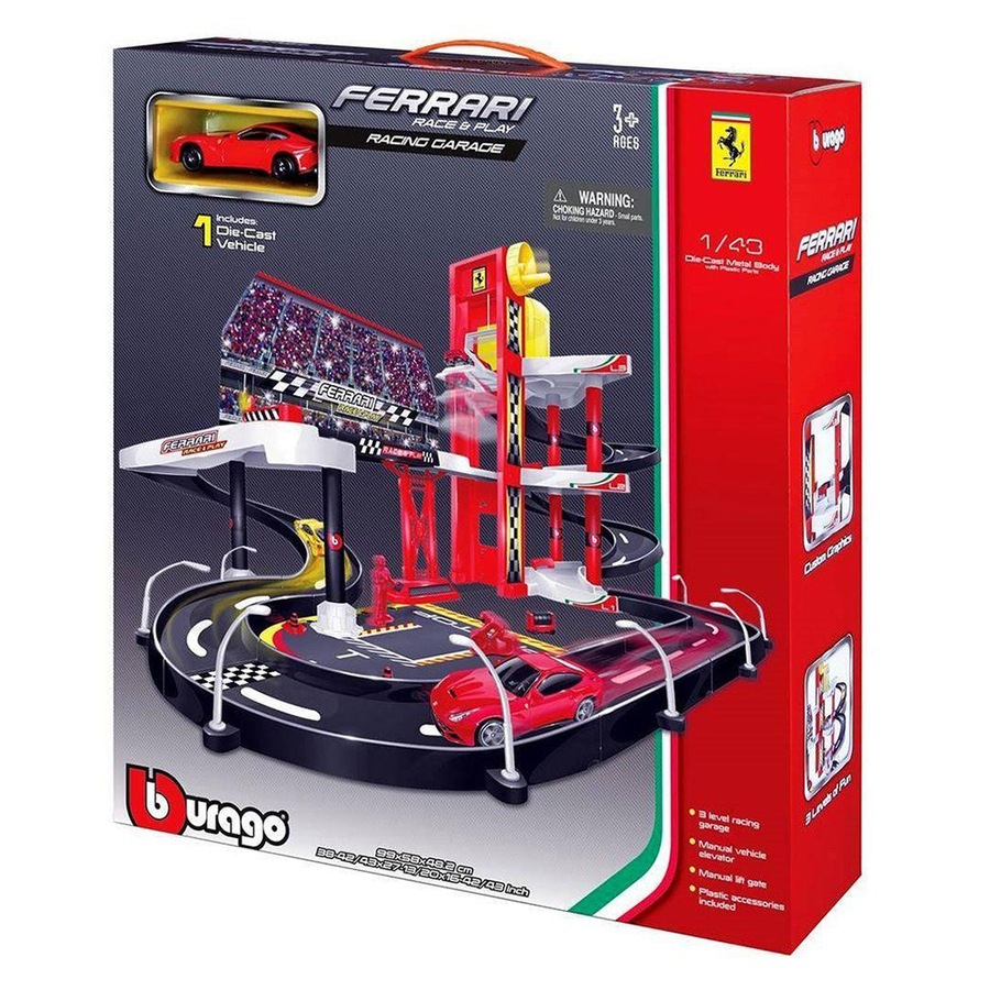 Bburago 1:43 Ferrari Racing Garage Set Kids Toy Track Playset w/Die Cast Car 3+