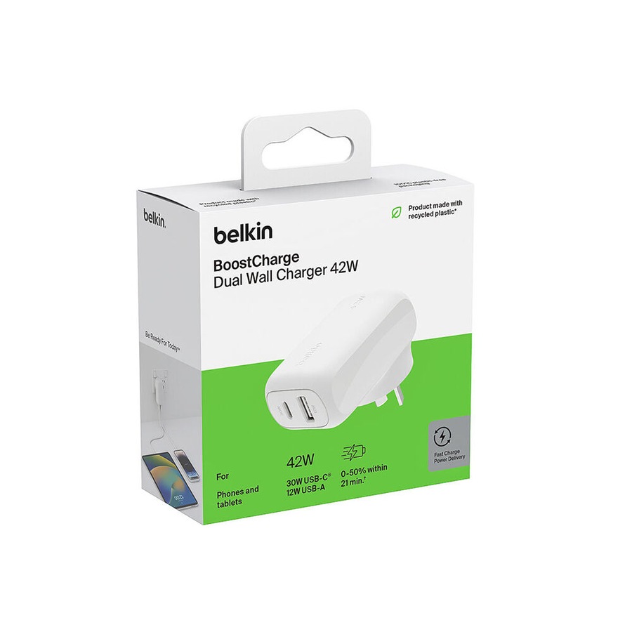 Belkin Boostcharge 42W Fast-Charging Dual Port USB-C & USB-A Wall Charger White