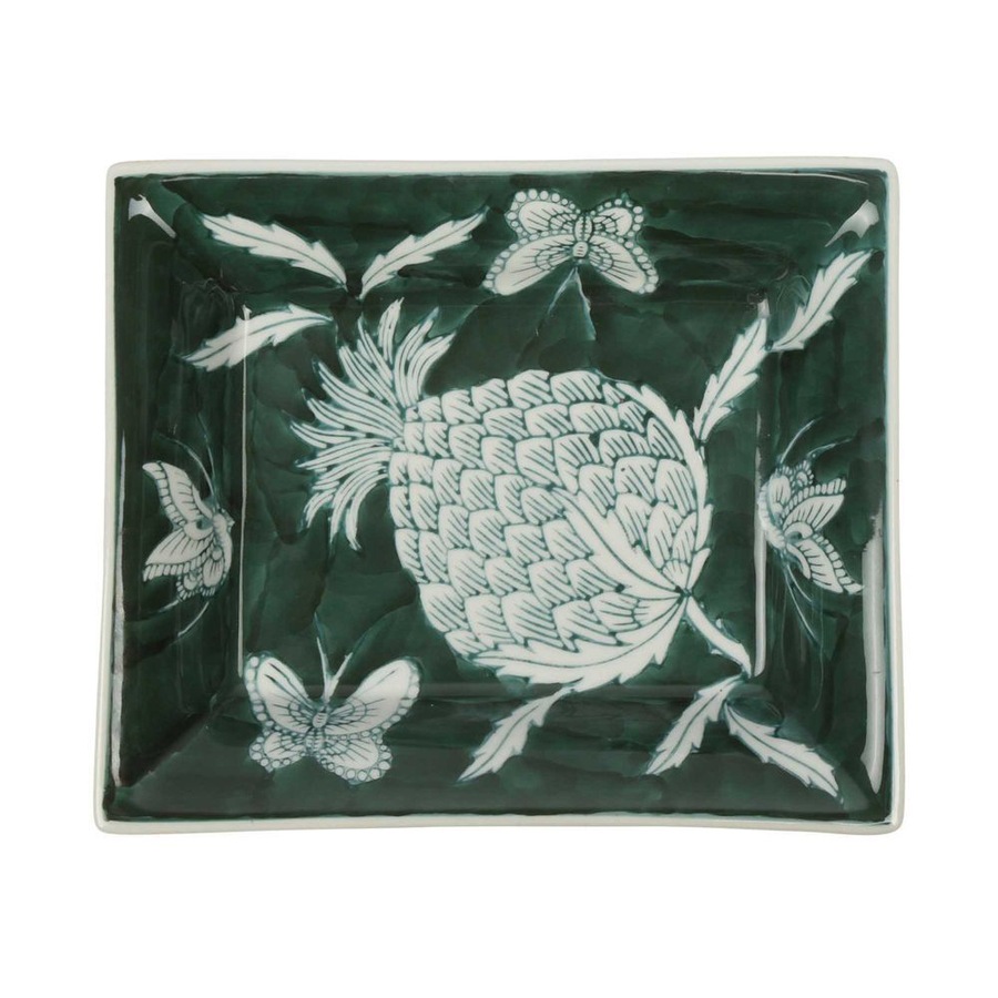 Belle Thistle Porcelain Decorative Trinket Dish Rectangle 20x16cm Green/White