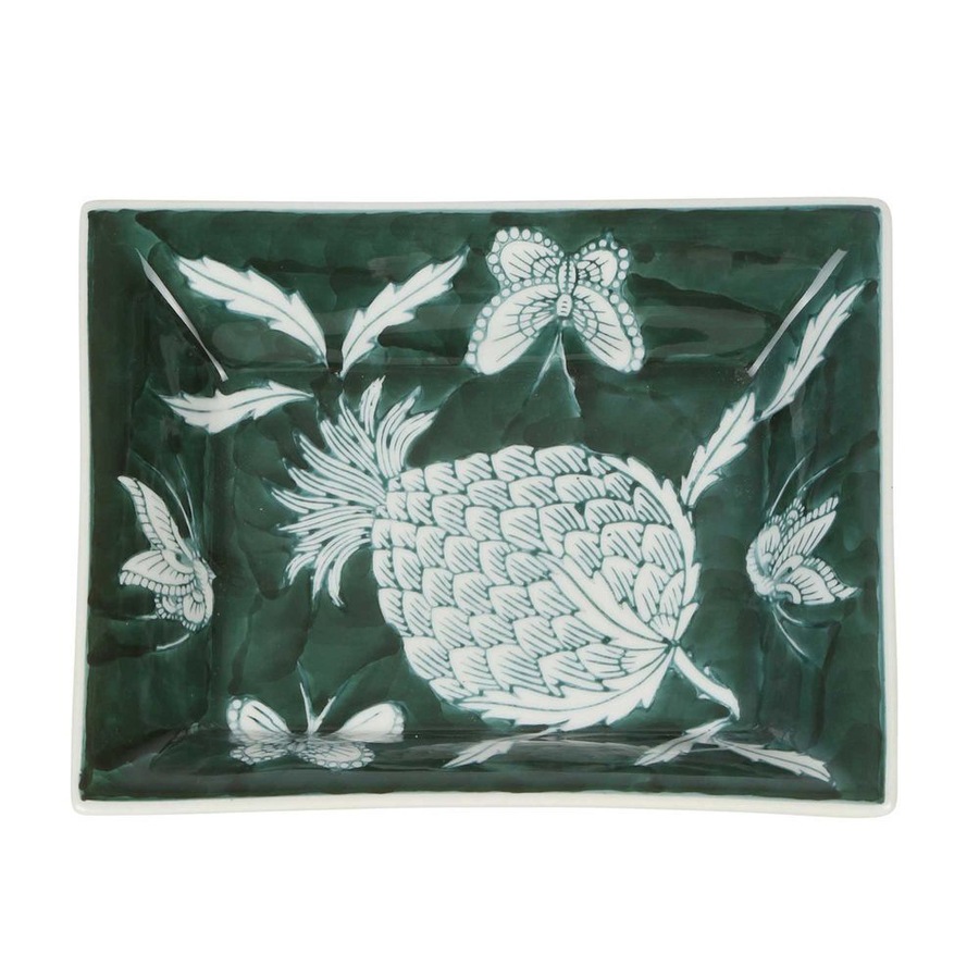 Belle Thistle Porcelain Decorative Trinket Dish Rectangle 20x16cm Green/White