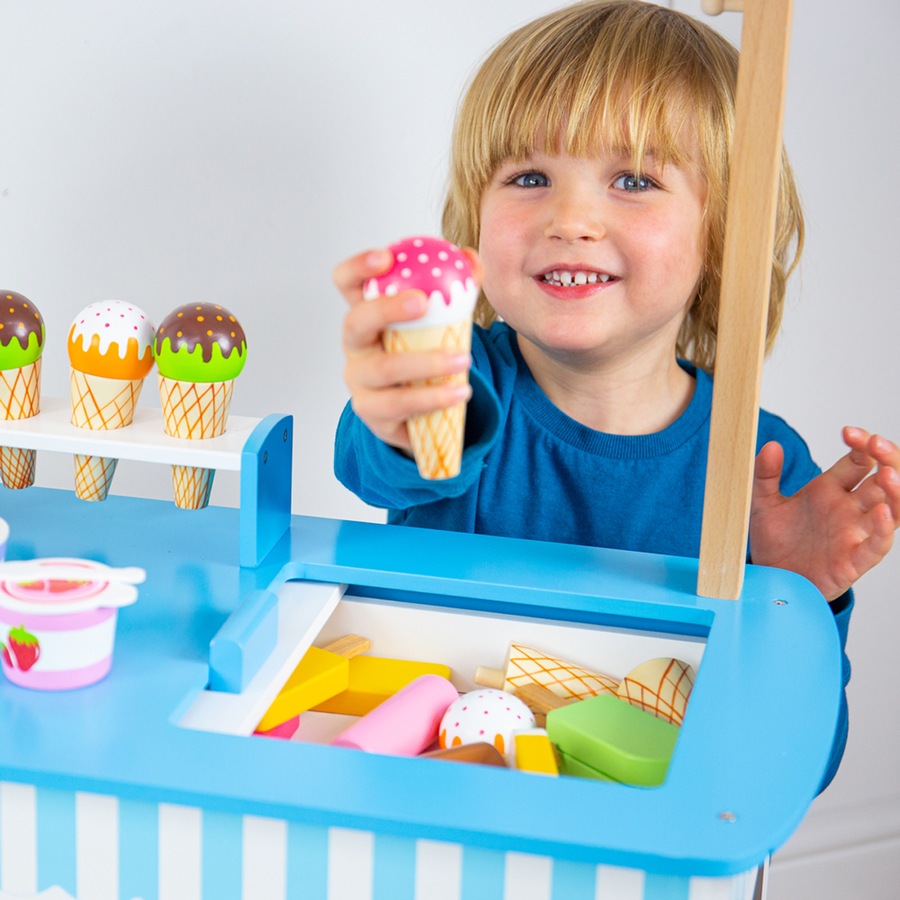 Bigjigs Toys Ice Cream Cart Wooden Toy Kids Fun Interactive Pretend Play Set 3+