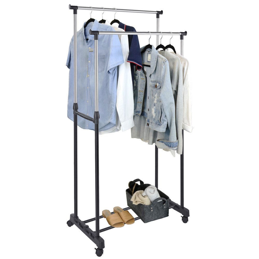 Boxsweden 160cm Double Garment/Clothes Height Adjustable Hanger Rack w/ Wheels