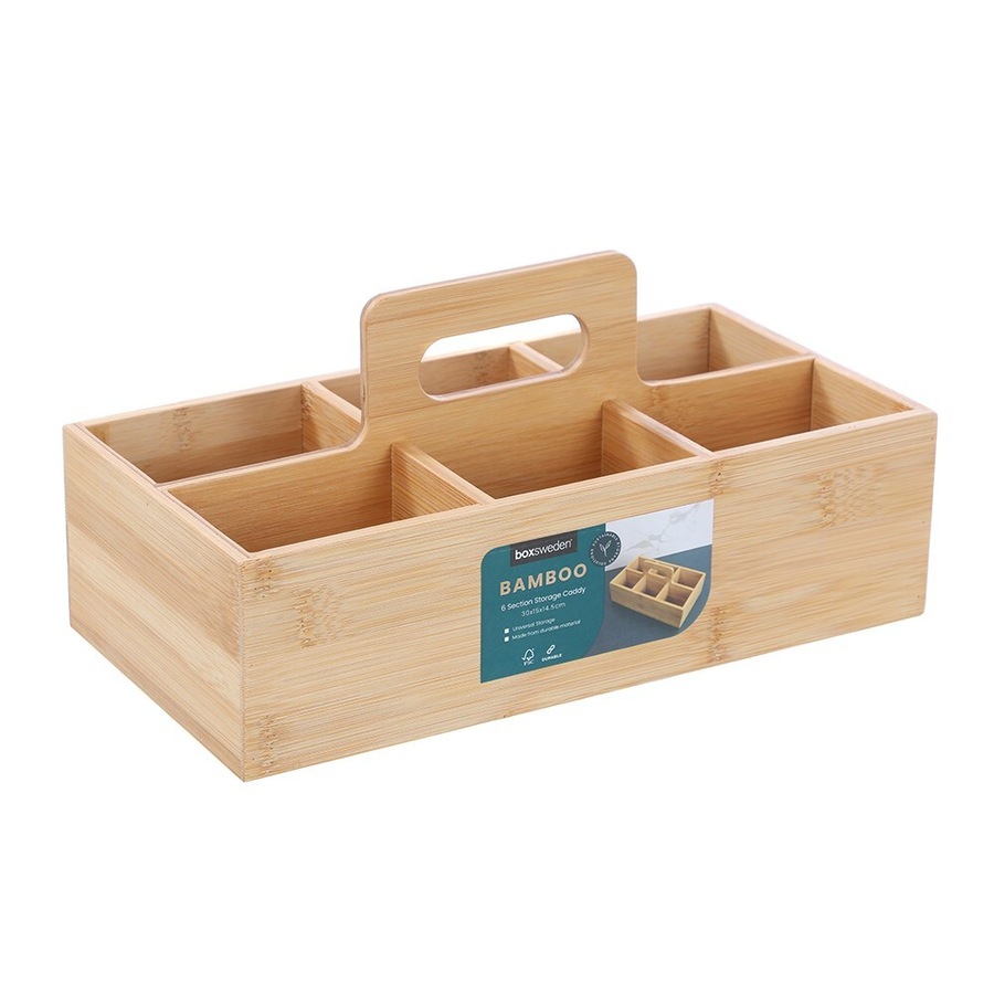 Boxsweden Bamboo 6-Section Storage Caddy 30x15cm Organiser w/ Carry Handle Brown