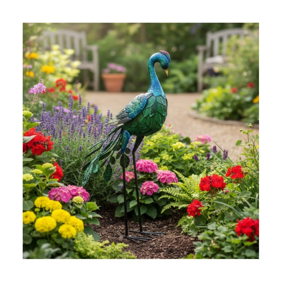 Bronrob Hand-Painted Metal Peacock Garden Decor Ornament 65x23x32.5cm
