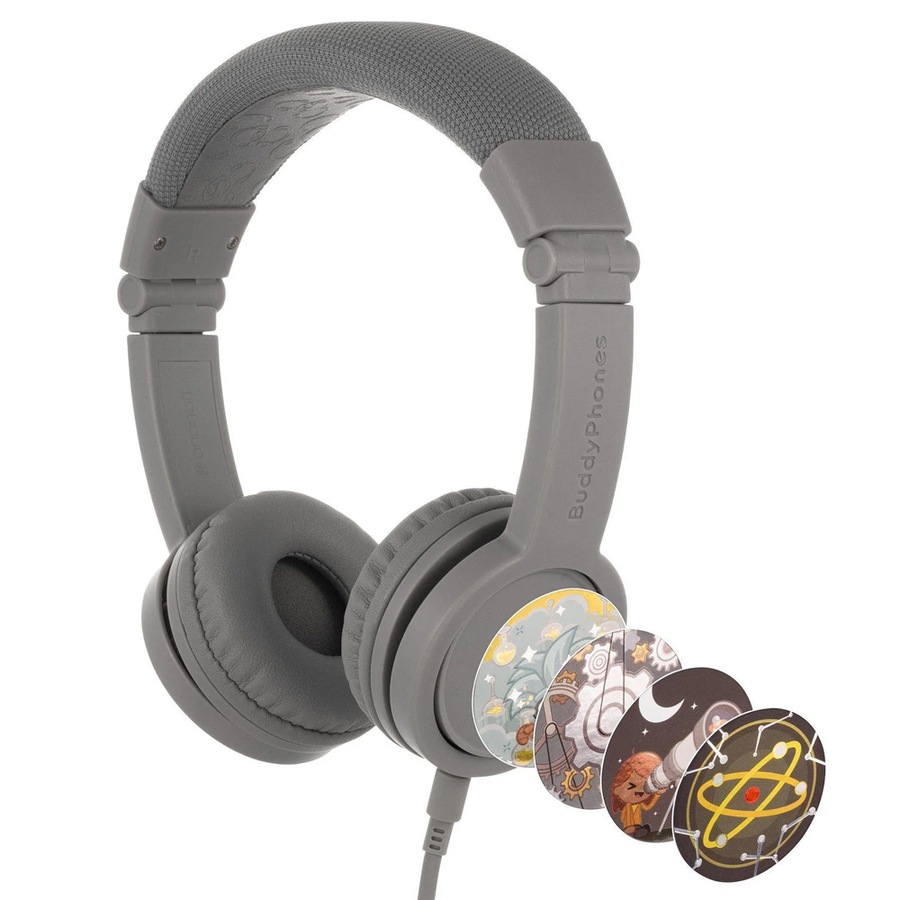 BuddyPhones Explore Plus Kids Wired Headphones/Headset w/ Stickers Grey Matter