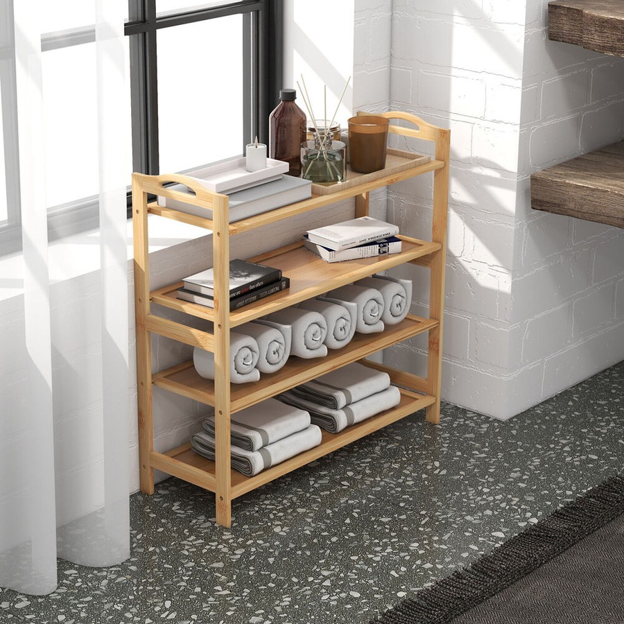 Casa Decor 4 Tier Bamboo Compact Shoe Storage Organiser Stool 69x69cm Oak