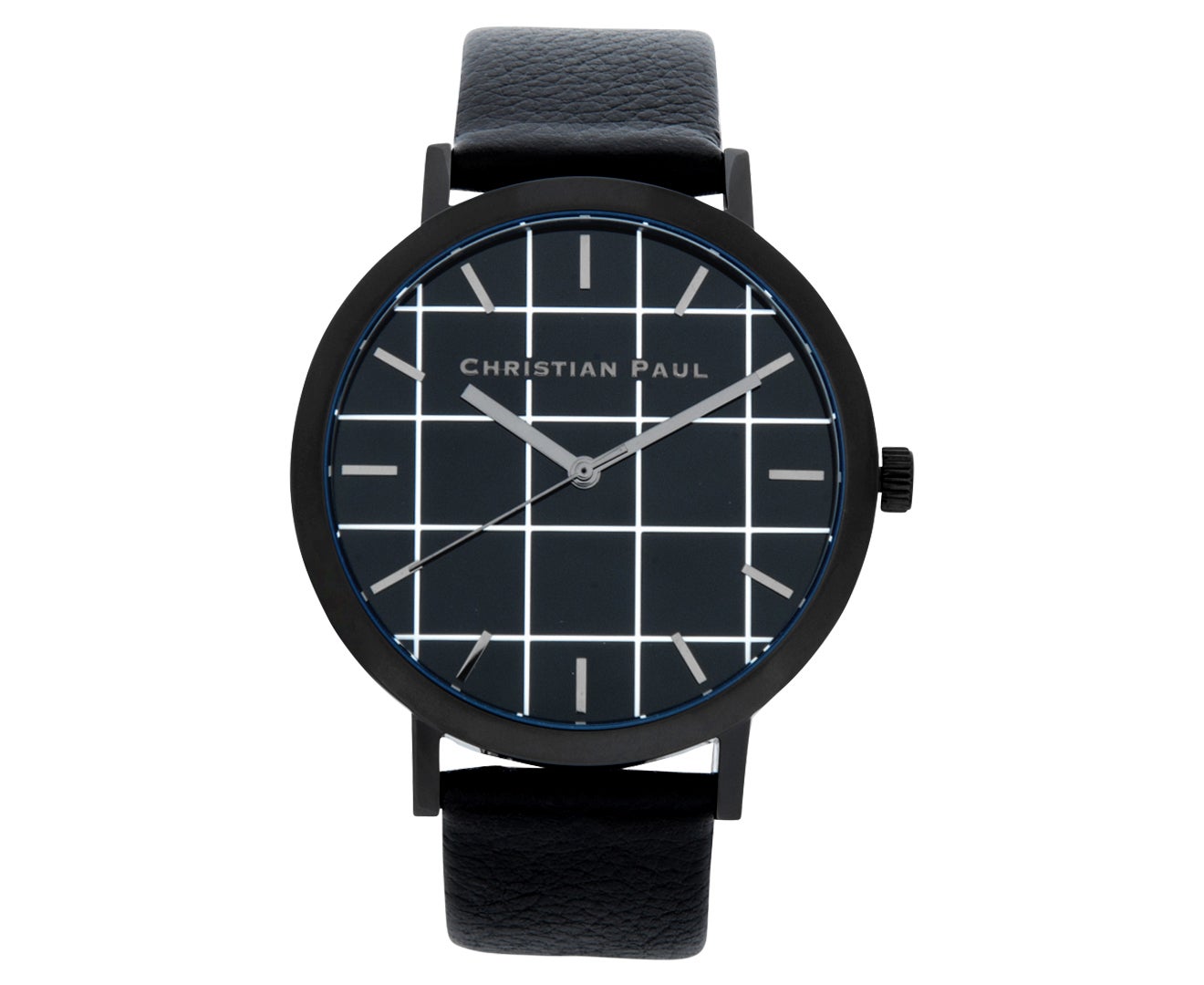 Christian Paul Men's 43mm Strand Grid Wrist Watch w/ Leather Strap Band Black