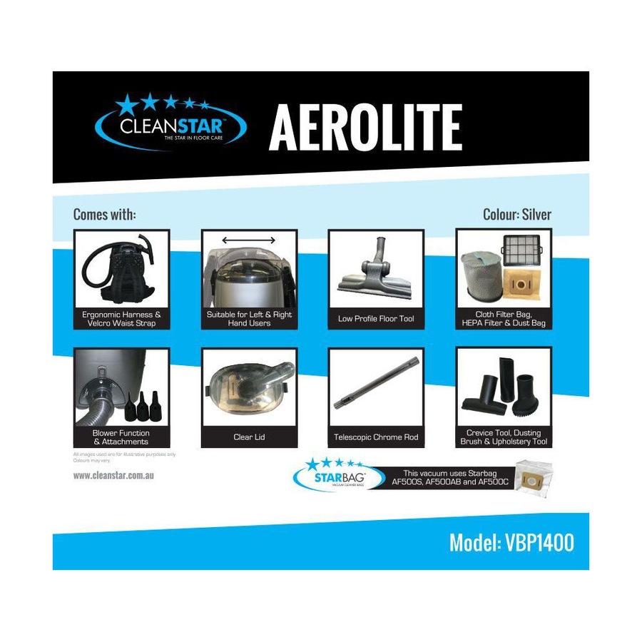 Cleanstar Aerolite Backpack 1400W HEPA Vacuum Cleaner and Blower - Silver