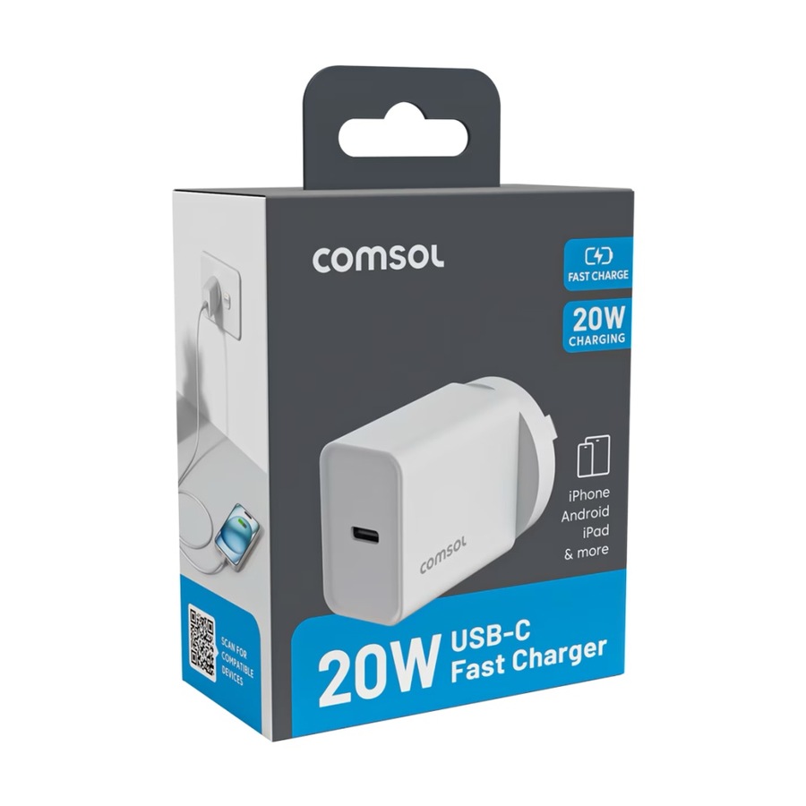 Comsol USB-C Wall Fast Charge Compact Universal Charger White 20W