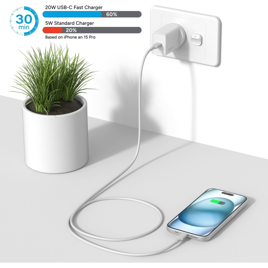 Comsol USB-C Wall Fast Charge Compact Universal Charger White 20W