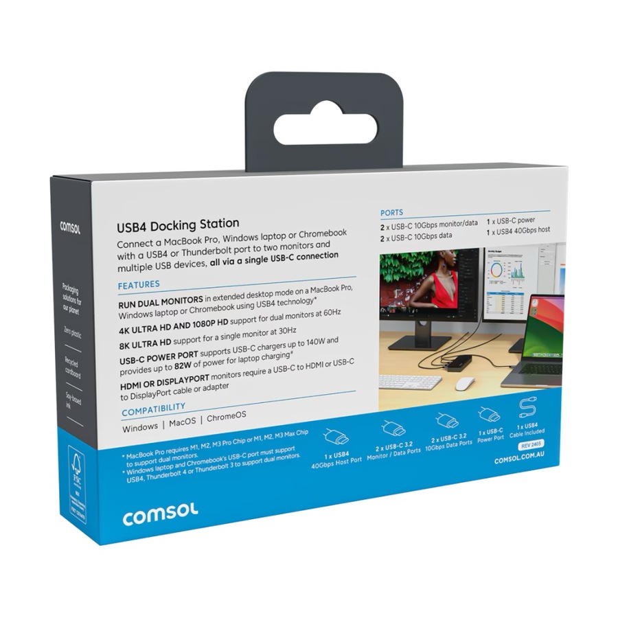 Comsol USB4 Dual Monitor Multiple USB-C Ports Docking Station 4K/8K Support